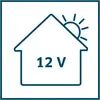 Eine Haus-Ikone mit der Aufschrift '12 V'. Neben dem Haus scheint eine Sonne.