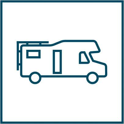 Wohnmobil-Symbol: Linienzeichnung eines Wohnmobils mit Heckträger, dargestellt in einem quadratischen Rahmen.