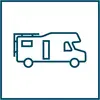 Wohnmobil-Symbol: Linienzeichnung eines Wohnmobils mit Heckträger, dargestellt in einem quadratischen Rahmen.