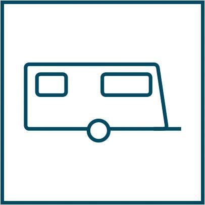 Das Bild zeigt ein Symbol für einen Wohnwagen: ein rechteckiges Fahrzeug mit zwei Fenstern und einem Rad darunter.