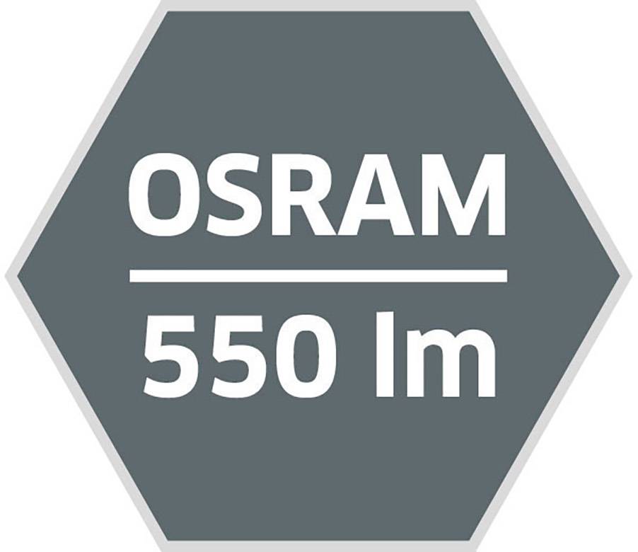 Sechseck mit grauem Hintergrund und weißem Text 'OSRAM 550 lm'.