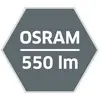Sechseck mit grauem Hintergrund und weißem Text 'OSRAM 550 lm'.