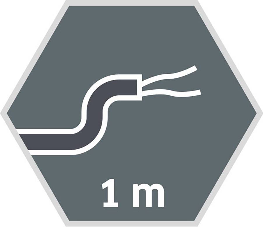 Symbol zeigt ein Kabel auf grauem Hintergrund mit Text '1 m' – kennzeichnet die Länge des Kabels als einen Meter.