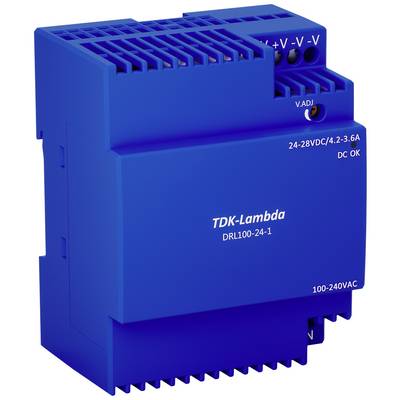 Ein blaues Schaltnetzteil der Marke TDK-Lambda, Modell DRL100-24-1, geeignet für Eingangsspannungen von 100-240VAC und 24-28VDC Ausgang.