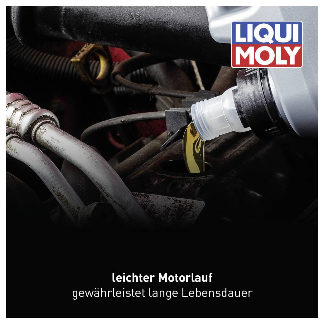 Liqui Moly-Produkt neben einem Motor mit dem Text 'leichter Motorlauf gewährleistet lange Lebensdauer' im Vordergrund.