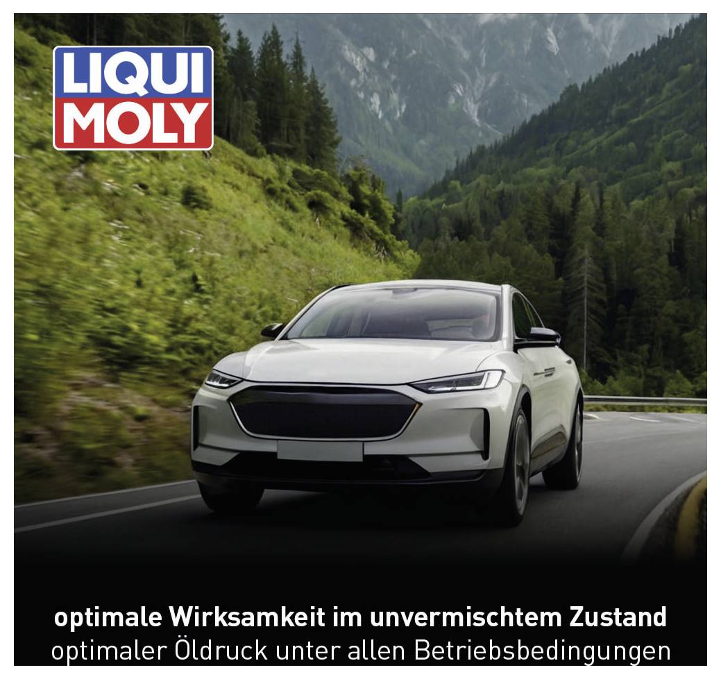 Auto auf Bergstraße bei bewölktem Himmel. Text unten: 'optimale Wirksamkeit im unvermischten Zustand, optimaler Öldruck unter allen Betriebsbedingungen'.