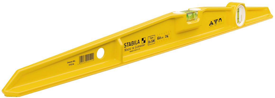 Gelbe Wasserwaage aus Metall mit zwei Libellen, eine horizontal und eine vertikal. Hergestellt in Deutschland, Markenname 'Stabila'.