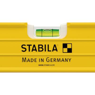 Wasserwaage, gelb, Marke 'Stabila', mit der Aufschrift 'Made in Germany'.