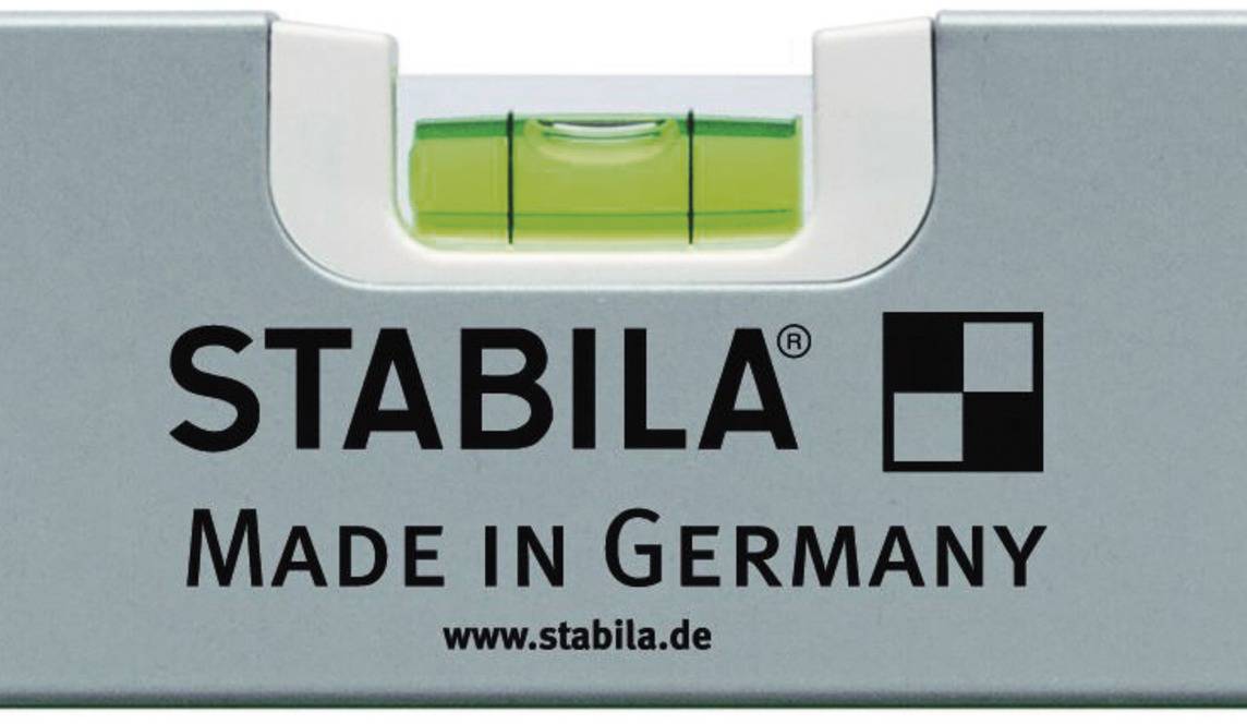 'Wasserwaage von Stabila', grau, mit gelber Libelle und Aufschrift 'Made in Germany'.