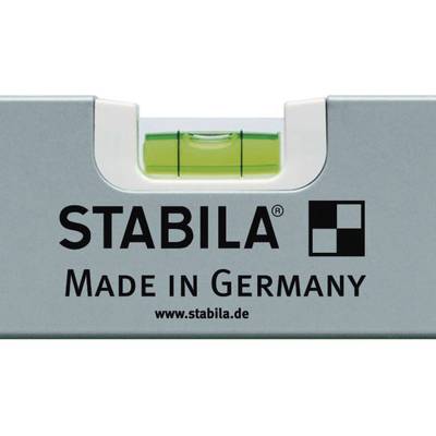 'Wasserwaage von Stabila', grau, mit gelber Libelle und Aufschrift 'Made in Germany'.