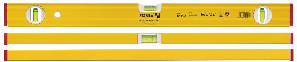 Gelbe Wasserwaage der Marke Stabila mit zwei Libellen, oben für horizontale Ausrichtung, unten für vertikale Ausrichtung.