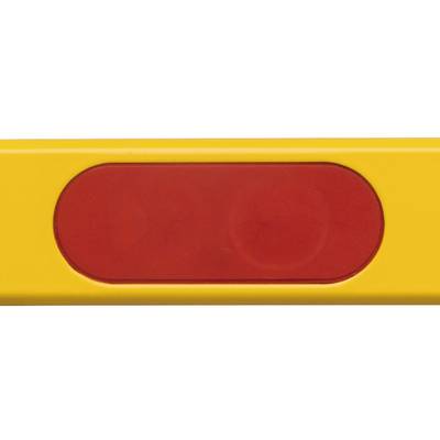 Eine Wasserwaage mit gelbem Rahmen und roter Libelle zur Überprüfung der horizontalen Ausrichtung.