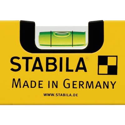 Wasserwaage mit grünem Libellenfenster, gelbes Gehäuse. Text: 'STABILA', 'Made in Germany', 'www.stabila.de'.