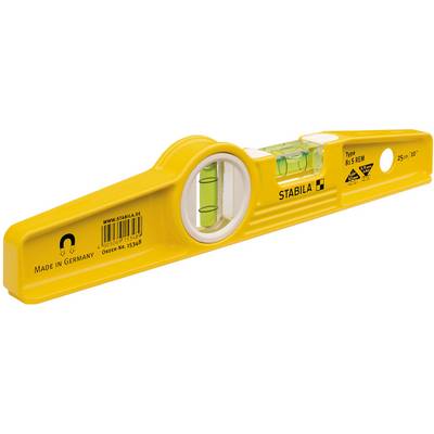 Gelbe Wasserwaage von Stabila mit zwei Libellen zur Überprüfung der horizontalen und vertikalen Ausrichtung.