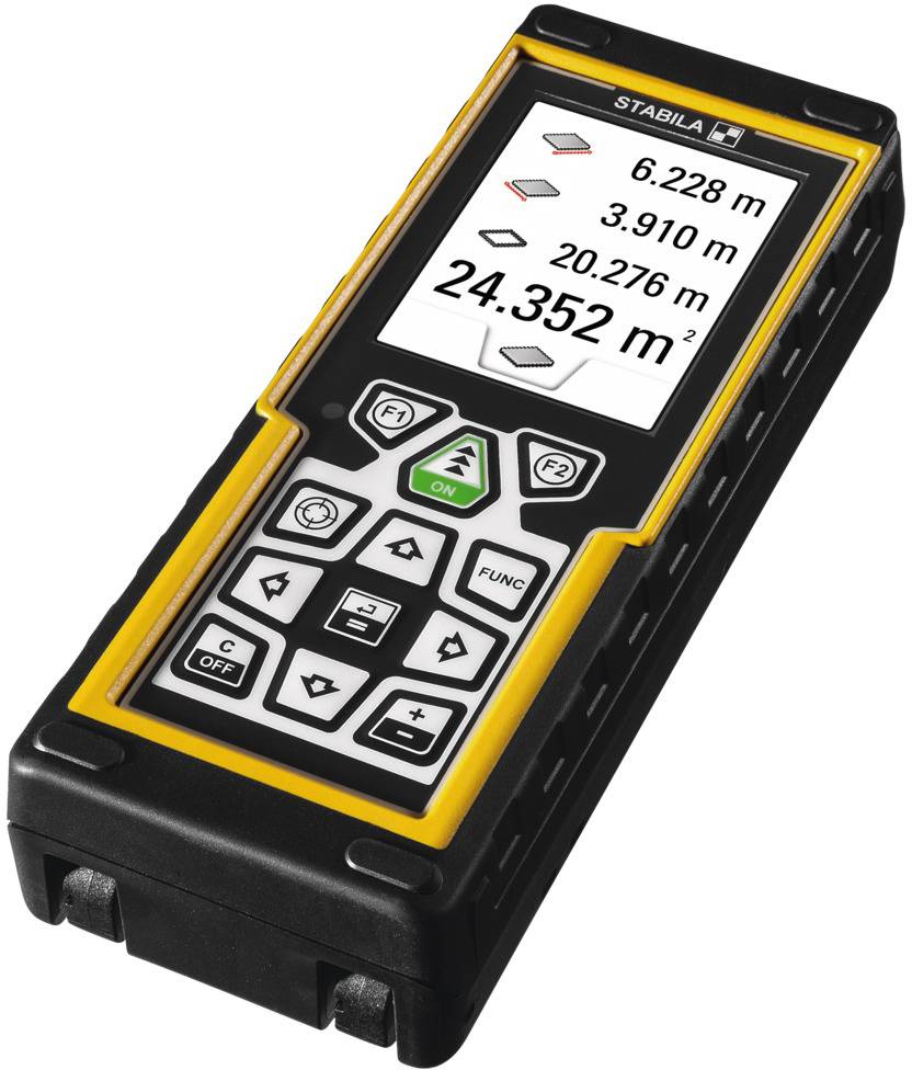 Handliches Messgerät mit digitalem Display, zeigt Entfernungen in Metern und berechnete Fläche an. Tasten für Bedienung darunter.