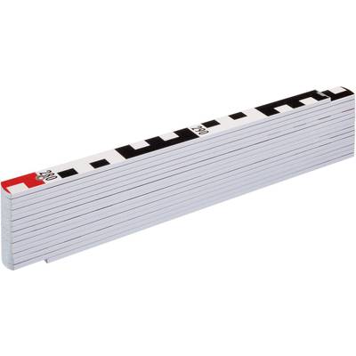 Ein Klappmeter, teilweise ausgeklappt, zeigt Zentimeter-Markierungen mit schwarzen und roten Ziffern.
