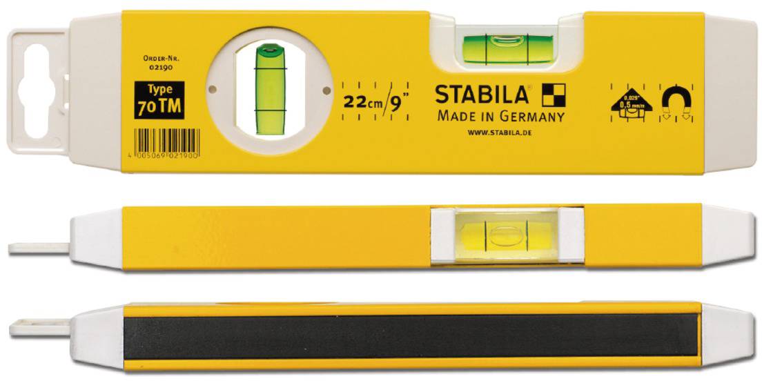 'STABILA Wasserwaage, Typ 70 TM, 22 cm. Gelbe Wasserwaage mit Libelle. Made in Germany.'