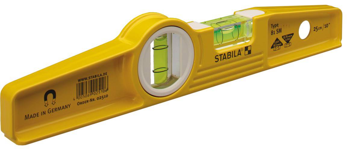Wasserwaage aus gelbem Material mit zwei Libellen. Markenname 'Stabila' auf der Seite. Geeignet zum Messen der Horizontalität.