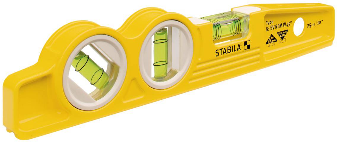 Gelbe Wasserwaage mit drei Libellen zur genauen Ausrichtung, gekennzeichnet mit 'Stabila'.