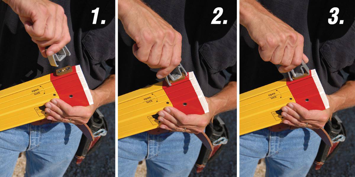 Eine Person demonstriert in drei Schritten, wie man eine Sicherheitskappe auf ein Werkzeug aufsetzt. Schritte 1, 2 und 3 sind nummeriert.