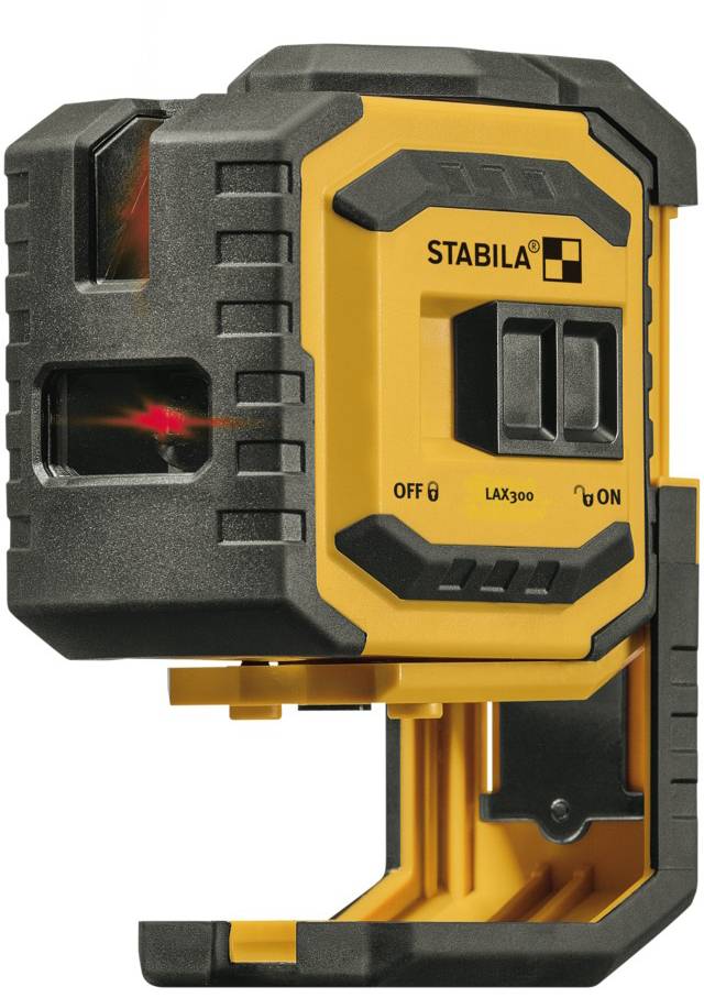 Ein gelb-schwarzer Lasermessgerät mit der Aufschrift 'Stabila LAX 300', zeigt rotes Licht, für präzise Bau- oder Vermessungsarbeiten.