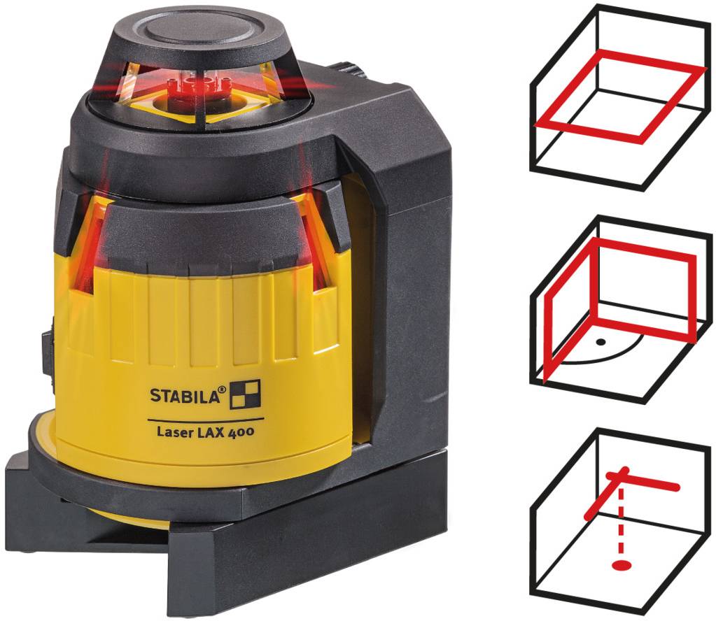 Ein gelbes Laserlevels mit rot leuchtenden Linien projiziert horizontale und vertikale Linien. Diagramme rechts zeigen Anwendungsmöglichkeiten.