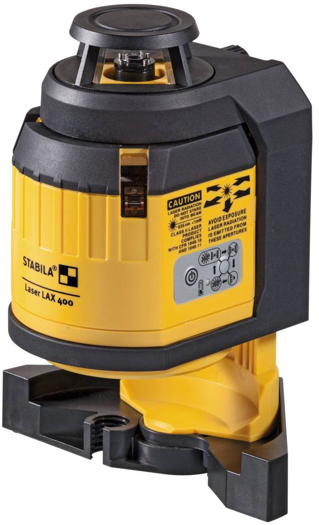 Ein gelber Stabila Laser LAX 400 mit schwarzem Gehäuse, für präzise Messungen. Caution-Aufkleber warnen vor Laserstrahlung.