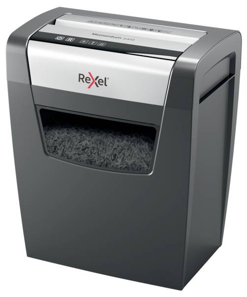 Rexel Momentum X410 Aktenvernichter 10 Blatt Mikroschnitt 4 x 28 mm P-4 23 l Vernichtet auch Heftklammern, Büroklammern