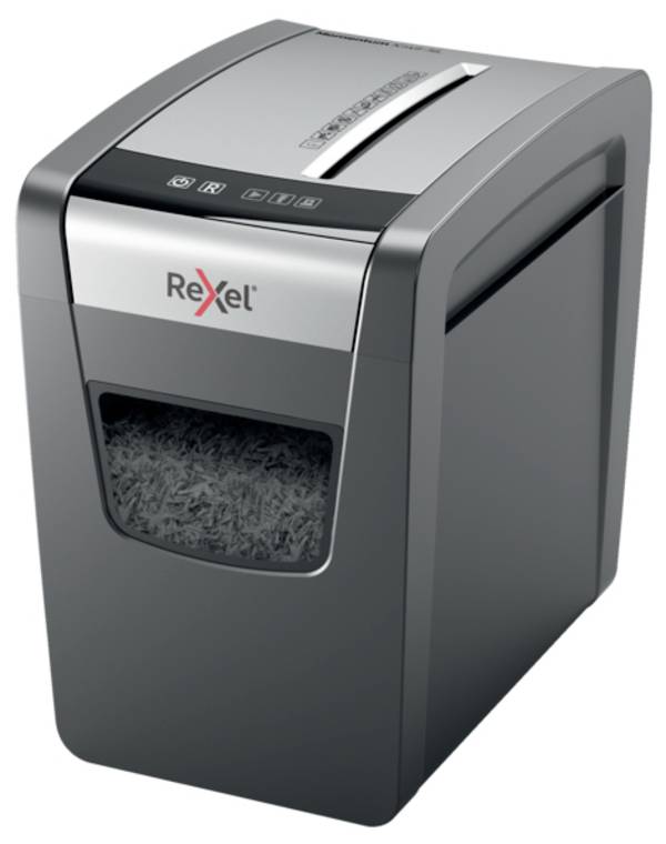 Rexel Momentum X312 Slim Aktenvernichter 12 Blatt Partikelschnitt 5 x 42 mm P-3 23 l Vernichtet auch Heftklammern, Büroklammern