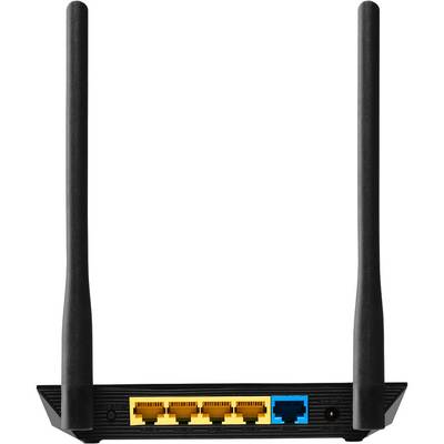 Rückseite eines WLAN-Routers mit zwei Antennen, vier gelben LAN-Anschlüssen und einem blauen WAN-Anschluss.