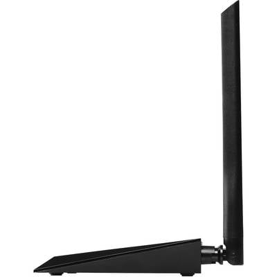 Ein schwarzer, aufrecht stehender WLAN-Adapter mit Antenne, seitlich gesehen. Essenziell für die kabellose Internetverbindung.
