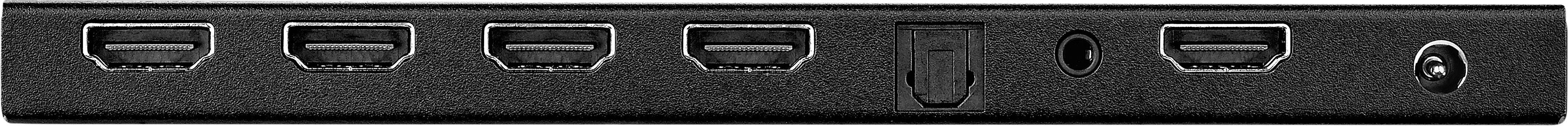 Fünf HDMI-Anschlüsse nebeneinander auf einer schwarzen Leiste, mit einem zusätzlichen runden Anschluss rechts.