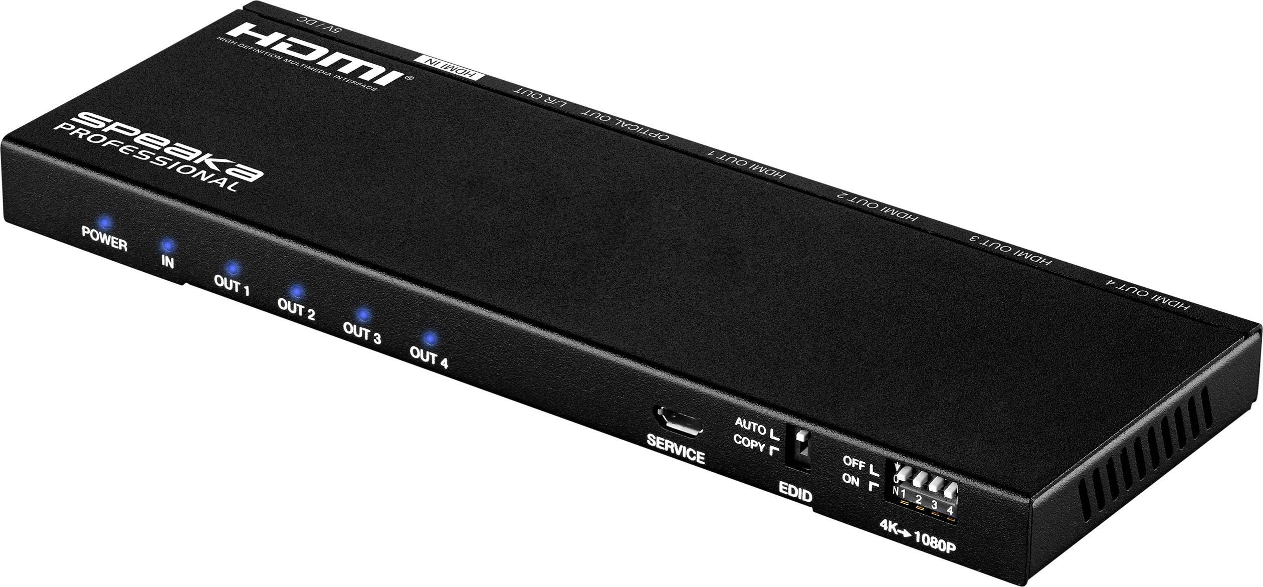 HDMI-Verteiler mit vier Ausgangsports, Beschriftung 'speak2 professional'. Enthält Schalter für Einstellungen und Status-LEDs.