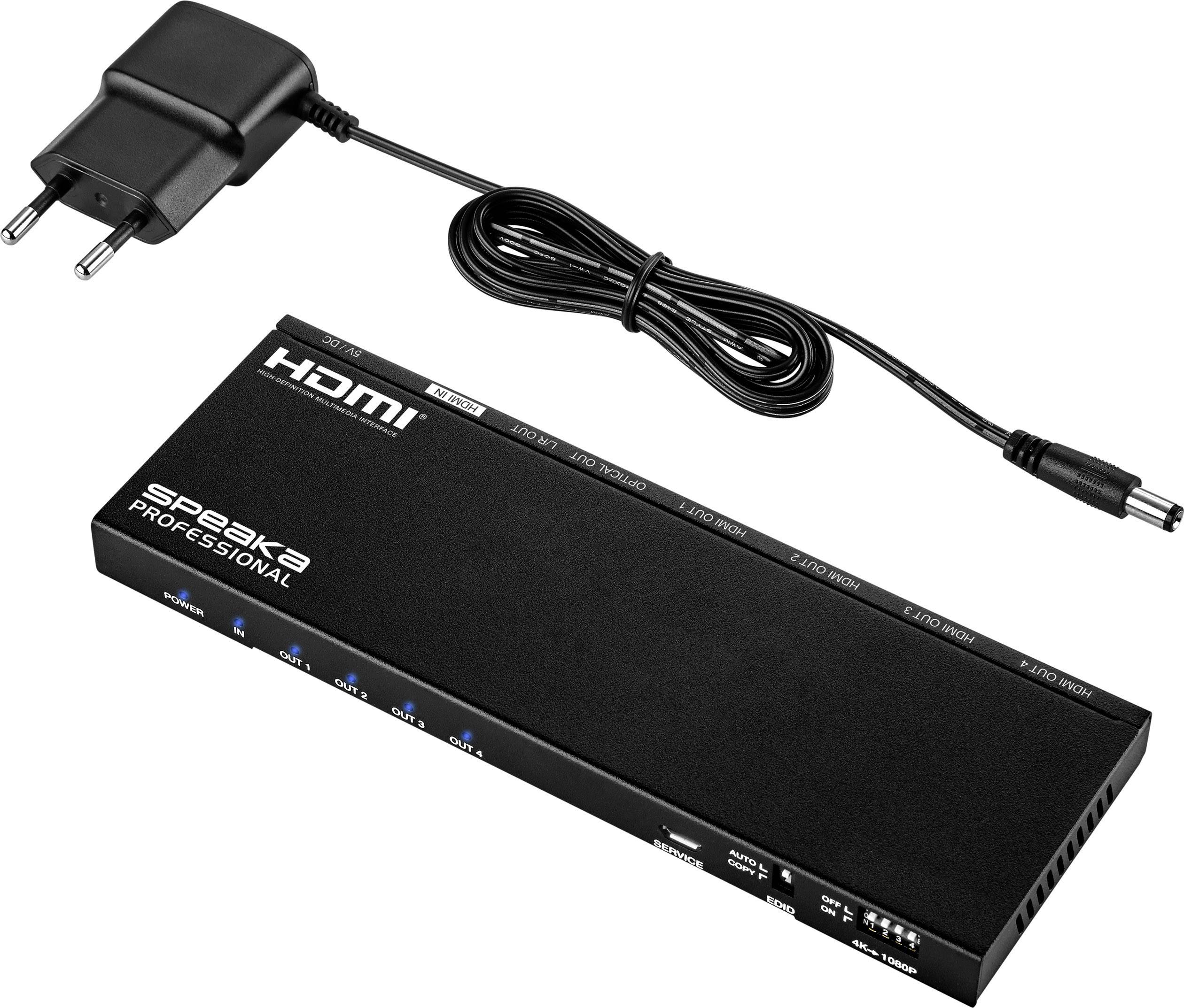 'Screenshot eines HDMI-Splitters mit vier Ausgängen und Stromkabel. Marke: SpeaKa Professional. Geeignet für Übertragung von Videosignalen.'