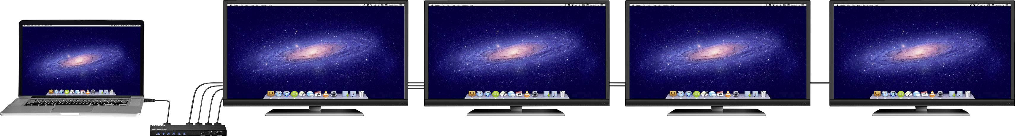 Ein Laptop ist über ein Gerät mit vier Monitoren verbunden, die alle das gleiche Galaxie-Bild anzeigen.