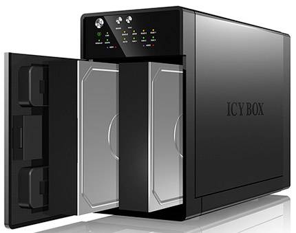 Externe Festplattengehäuse mit offenem doppelten Einschubfach, markiert mit 'ICY BOX', an Vorderseite beleuchtete Statusanzeigen.