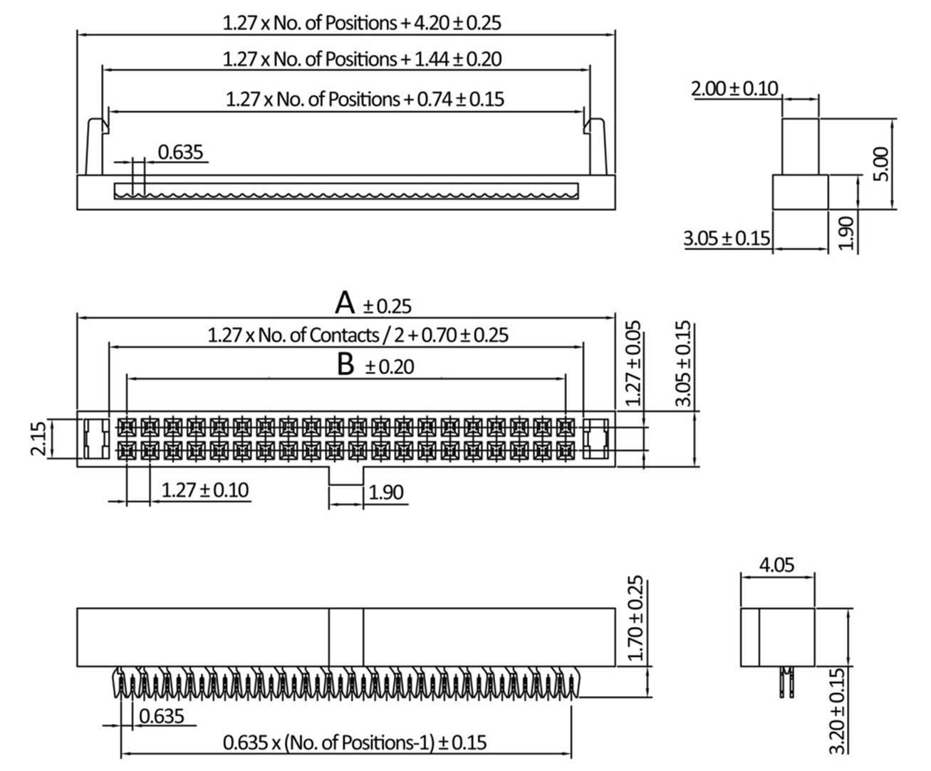 Technische Zeichnung eines Steckverbinders mit Maßen. Front-, Seiten- und Oberansicht, Abmessungen in Millimetern, Pins detailliert dargestellt.
