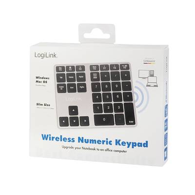 Funk-Tastatur von LogiLink in Verpackung. Enthält numerisches Tastenfeld, kompatibel mit Windows und Mac OS, ideal für Laptops.