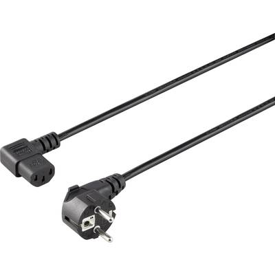 Ein schwarzes Netzkabel mit einem Schuko-Stecker links und einem dreipoligen Buchsenstecker rechts, geeignet für Computergeräte.