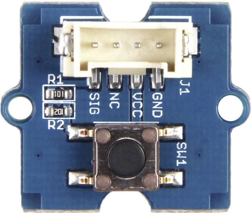 Ein blaues elektronisches Modul mit einem kleinen zentralen schwarzen Knopf, verschiedenen Anschlüssen und gekennzeichneten Pins.