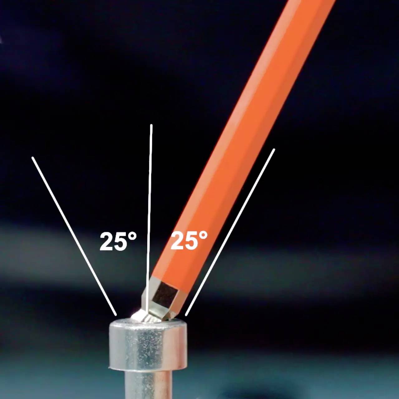 Ein oranger Bleistift lehnt mit 25-Grad-Winkel auf einer metallischen Oberfläche; zwei Linien zeigen den Neigungswinkel an.