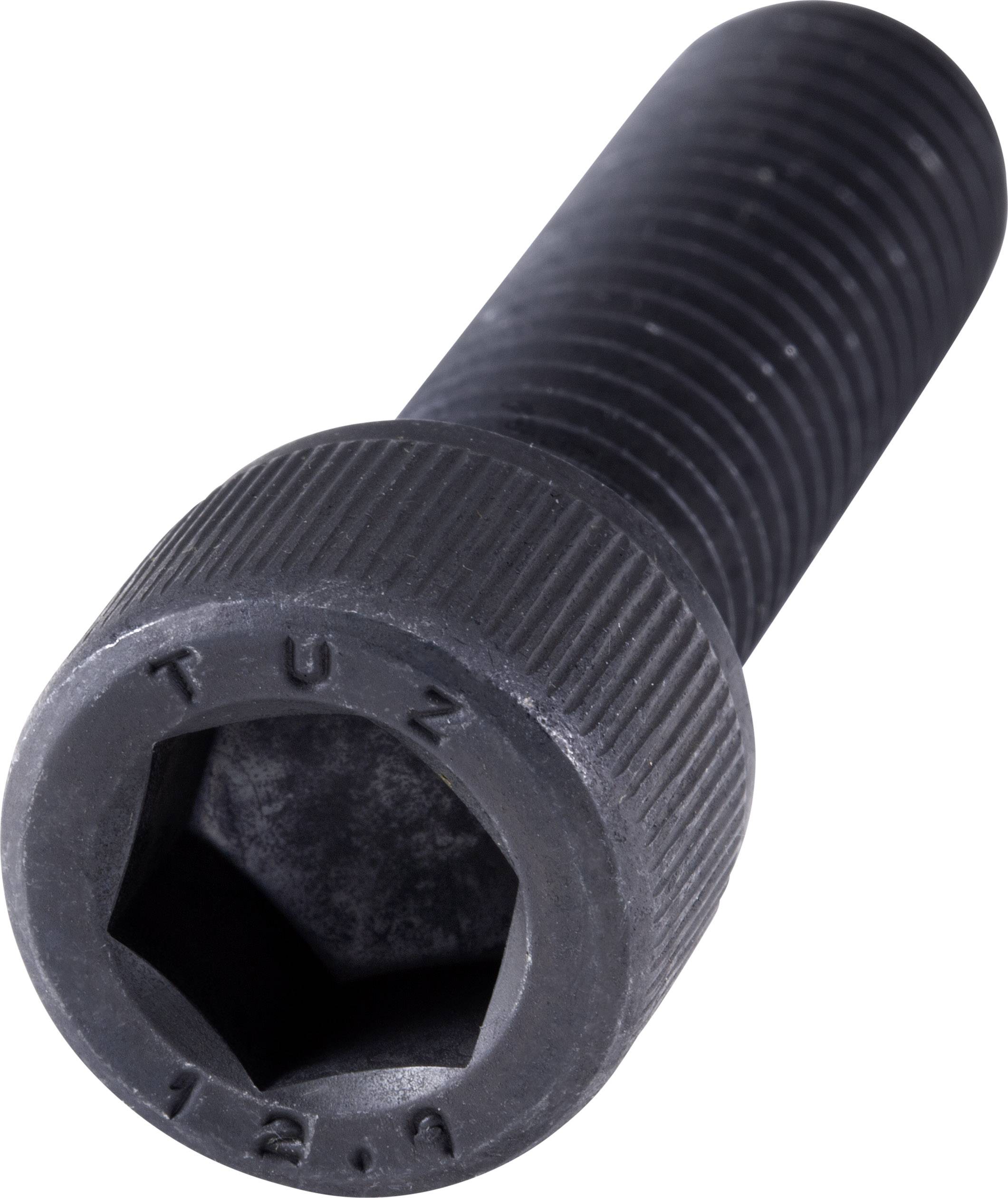 Schwarze Zylinderschraube mit Innensechskantkopf, Aufschrift 'T U Z 12.9', Metall mit Gewinde, zur Befestigung oder Montage geeignet.