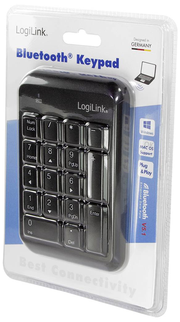 'LogiLink Bluetooth Keypad' in Plastikverpackung, kompatibel mit Windows und Mac OS, unterstützt Plug & Play, gestaltet in Deutschland.
