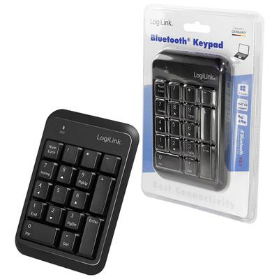 'LogiLink Bluetooth Nummernblock mit 18 Tasten, kabellos, schwarzes Design. Verpackung zeigt Kompatibilität mit Laptop und PC.'