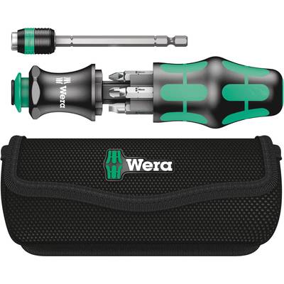 Ein mehrteiliger Schraubendrehersatz mit ergonomischem Griff, auswechselbaren Bits und einem schwarzen Etui von der Marke Wera.