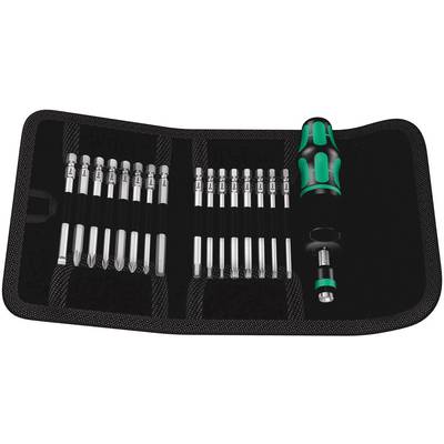 Ein Schraubendreher-Set in einer Stoffhülle, bestehend aus einem ergonomischen Griff und mehreren austauschbaren Bits in verschiedenen Größen.