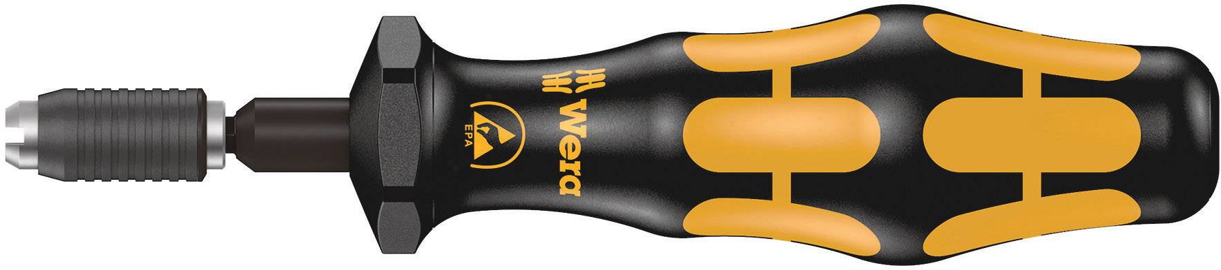 Ein ergonomischer Schraubendreher mit einem schwarz-orange gemusterten Griff und dem Markennamen 'Wera'.