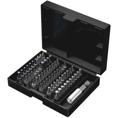 'Schwarzes Etui mit geöffnetem Deckel, enthält verschiedene Bohrer und einen Schraubendreheraufsatz, ordentlich angeordnet in Fächern.'