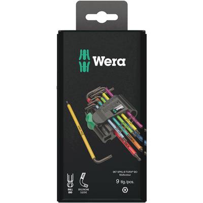 Verpackung eines 9-teiligen Wera Innensechskant-Schlüsselsatzes in verschiedenen Farben, mit Halter und Ball-End-Design.