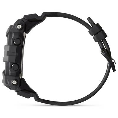 Schwarze Outdoor-Sportuhr mit robustem Design und Silikonarmband, seitlich auf hellem Hintergrund fotografiert.